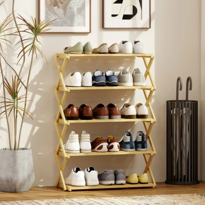 HOMCOM Zapatero Estrecho de Bambú Zapatero Vertical Plegable de 5 Niveles Sin Instalación Natural