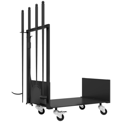 Outsunny Range-Bûches Métal Noir avec Roues et Accessoires