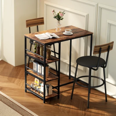 HOMCOM Table Bar avec Rangement 3 Étagères Brun Rustique Noir