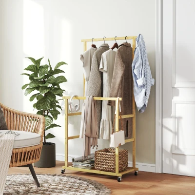 HOMCOM Perchero Colgador de Ropa de Bambú con Ruedas Estante para Zapatos 2 Barras para Colgar 80x40x160 cm Natural