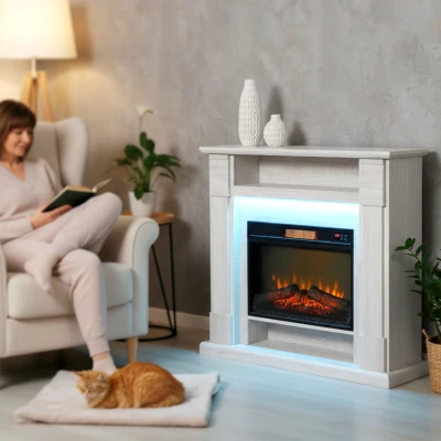 HOMCOM Chimenea Eléctrica 1800W Regulable con Llama 3D, Repisa, Temporizador y Mando a Distancia, 105x27x97 cm, color Madera