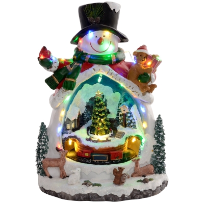 HOMCOM Weihnachtsdorf in Schneemann-Form mit fahrendem Zug, LED-Lichtern und Musik, festliche Tischdekoration, Mehrfarbig