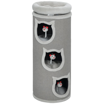 PawHut Katzenkratzfass, 96 cm, 4-Ebenen-Katzenturm mit waschbarem Bett, 3 Schlafhöhlen, Hängespielzeug, für mehrere Katzen Grau