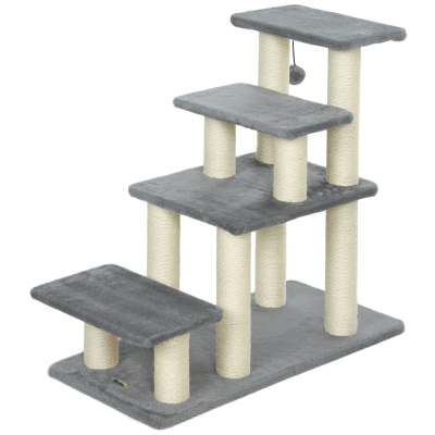 PawHut Escalier Réglable 3/4 Marches Chat Chien Sisal Gris