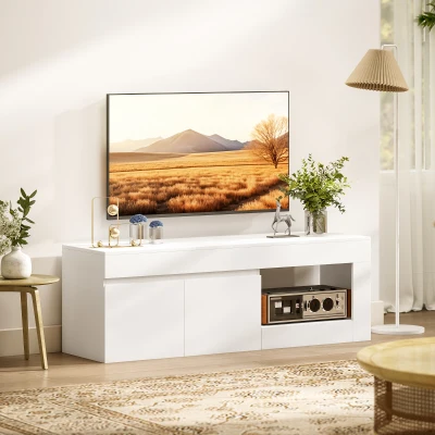 HOMCOM Modernes TV-Möbel für Wohnzimmer mit 2 Türen, offenes Fach, für Fernseher bis 152,4 cm, 140x40x48 cm, Weiß