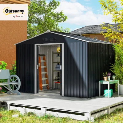 Outsunny Metal Tool Shed with Sliding Doors and Ventilation Windows, 277 x 195 x 192 cm, Dark Gray