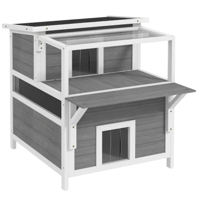 PawHut Maison pour chats 2 niveaux avec balcon abrité, toit ouvrable, extérieur, intérieur, gris clair