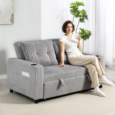 HOMCOM 2-Seater Sofa Bed Pull-Out Corduroy Light Grey