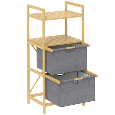 HOMCOM Panier à Linge Bambou avec 2 Sacs Coulissants et Étagères