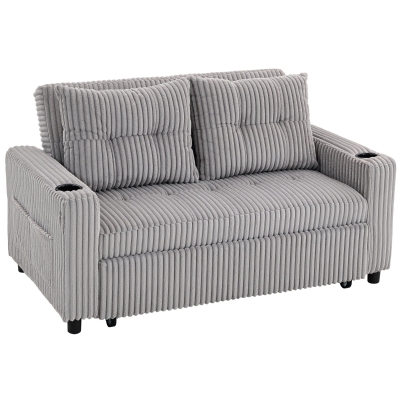HOMCOM 2-Seater Sofa Bed Pull-Out Corduroy Light Grey
