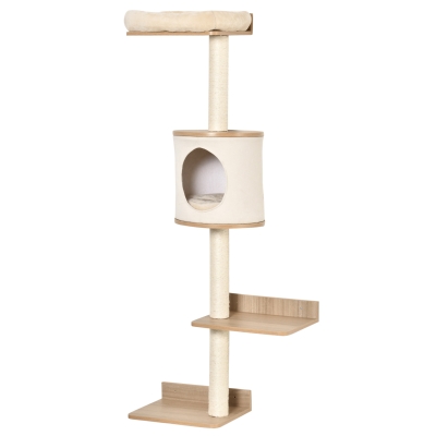 PawHut Copac pentru Pisici de Perete 38x30x149 cm cu Multiple Platforme din Lemn Vizuini Pat Superior Pernă Detașabilă Stâlpi Zgârietoare din Sisal Turn de Cățărat Bej și Stejar