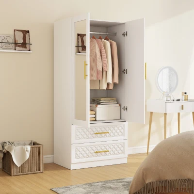 HOMCOM Roupeiro com Espelho 2 Portas e 2 Gavetas Relevo de Diamante Barra para Pendurar Estilo Moderno 80x50x180 cm Branco