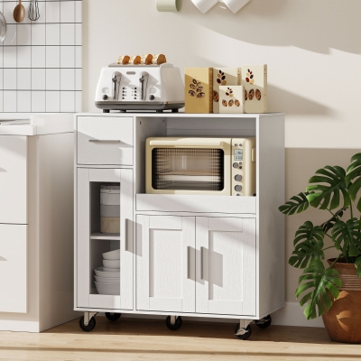 HOMCOM Mueble de cocina con ruedas, cómoda de cocina móvil con estantes, cajones, estante ajustable, orificio para cables, Blanco