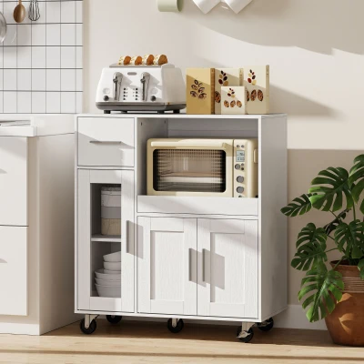 HOMCOM Mueble de cocina con ruedas, cómoda de cocina móvil con estantes, cajones, estante ajustable, orificio para cables, Blanco