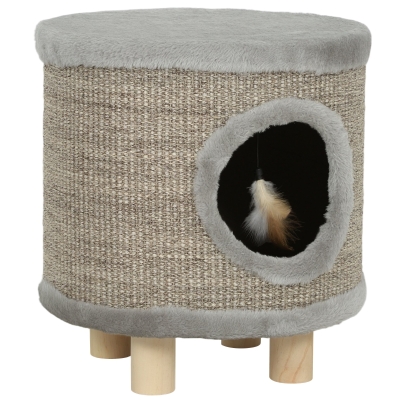 PawHut Casa para Gatos 3 en 1 Taburete Reposapiés Cama para Gatos con Rascador Patas de Madera Pluma 36x36x38 cm Gris
