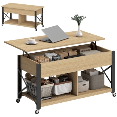 HOMCOM Table Basse Relevable Bois Naturel Blanc avec Rangement