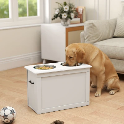 PawHut Raised Dog Bowls with Storage, Elevated Base White