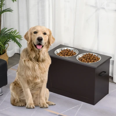 PawHut Comedouro Elevado para Cães com 2 Tigelas de Aço Inoxidável e Espaço de Armazenamento Oculto 60x30x41 cm Castanho Escuro