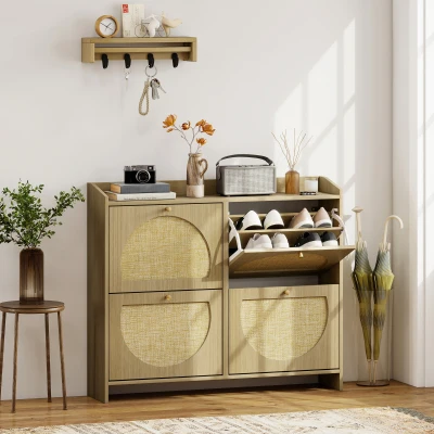 HOMCOM Zapatero Estrecho con 4 Puertas de Ratán con Estantes Ajustables para 16 Pares de Zapatos 104,5x24x88 cm Natural