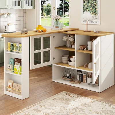 Barra de Jantar Giratória 360°, com Suporte para Snacks e 5 Prateleiras, 138-204C x 39L x 102,5A cm, Branco
