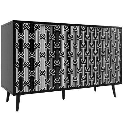 Buffet de salle à manger avec porte sculptée au motif unique en chevrons, Noir