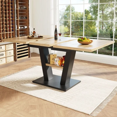 Mesa de Jantar Extensível com Pés em V, MDF e Metal, 118-157x70x75 cm, Cor Natural