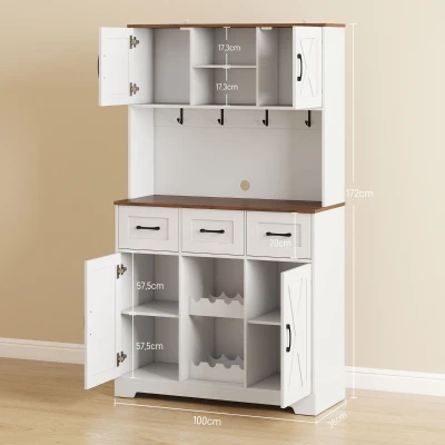 HOMCOM Armoire Cuisine Blanc 8 Bouteilles 4 Portes 3 Tiroirs