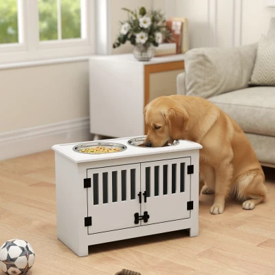 PawHut Raised Dog Bowls, Pet Feeding Station, with Storage, Food and Water Bowls, for Large Dogs - White