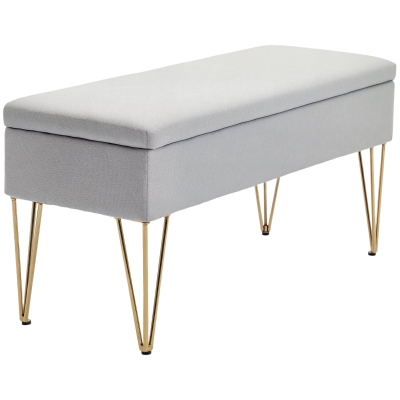 HOMCOM Banc Coffre Tissu Gris Clair Pieds Acier 100x40x49 cm