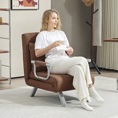 HOMCOM Sillón Cama Individual 2 en 1 Sofá Cama Plegable con Respaldo Ajustable y Cojín para Sala Dormitorio 65x69x80 cm Marrón