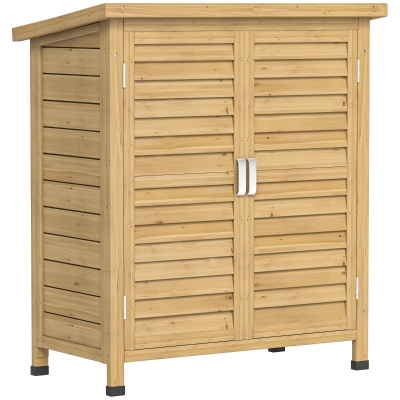 Outsunny Armario para Terraza de Madera con 2 Estantes Interiores 2 puertas de Buena Ventilación y Techo Inclinado para Exterior 87x46,5x96,5 cm Madera Natural