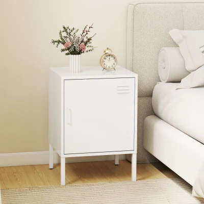 HOMCOM Mesita de noche de acero, mesa auxiliar multiusos, estante ajustable, para dormitorio, salón, Blanco