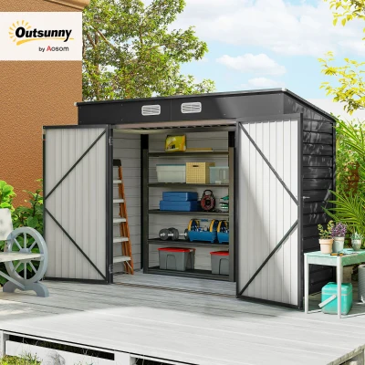Outsunny 3.7 x 7.9ft Galvanised Steel Shed, with Latched Door and Padlock - Grey