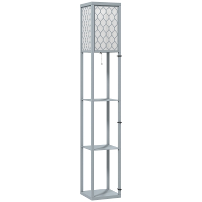 HOMCOM Lámpara de pie con estantería, 3 compartimentos, medidas compactas, MDF, Gris claro