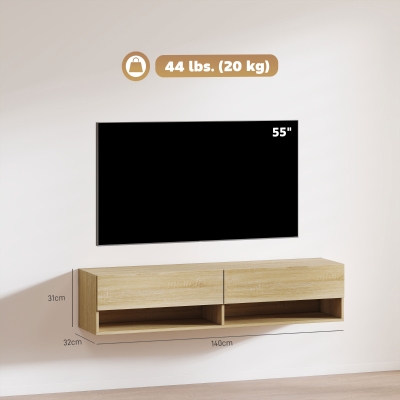 HOMCOM Meuble TV Suspendu Bois Naturel 140 cm 2 Portes 2 Étagères