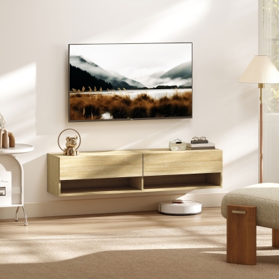 HOMCOM Wand-TV-Möbel 2 Klappen 2 offene Ablagen für Fernseher 152,4 cm 140x32x31 cm Naturholz