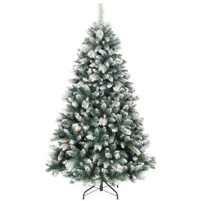 HOMCOM Künstlicher Weihnachtsbaum 180 cm künstlich Tannenbaum mit Schnee, 1000 Spitzen 34 Tannenzapfen Breite Basis