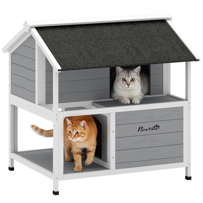 PawHut Outdoor Cat House, Outdoor Cat Shelter, Waterproof, Folding Roof, Spruce Wood, 80 x 93 x 95, Gray