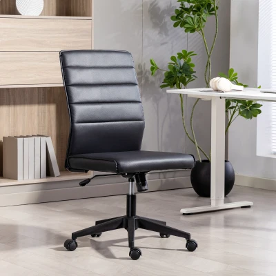 Scaun de birou ergonomic și ajustabil HOMCOM cu spătar curbat, din piele PU și oțel, 58x53x97-107 cm, Negru