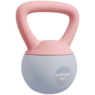 SPORTNOW Pesa Rusa 4 kg Kettlebell Relleno de Arena Metálica y Mango Antideslizante para Entreno en Casa 19x15x25 cm Rosa y Gris
