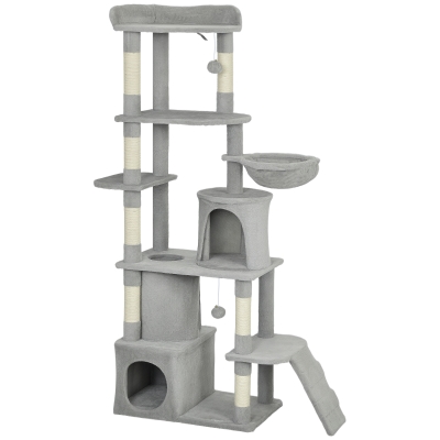 PawHut Árbol Rascador para Gatos Grande Altura 170 cm con 7 Postes 1 Túnel 3 Plataformas 2 Cuevas 1 Hamaca Gris Claro