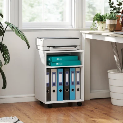 HOMCOM Mobile Porta Stampante con Ruote 2 Ripiani in Legno Bianco