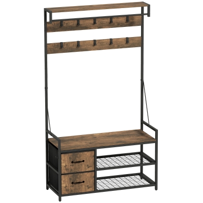 HOMCOM 6-in-1 Garderobenständer mit Schuhregal, Industrie-Stil, 10 Haken, 2 Stoffschubladen, Metall, Braun