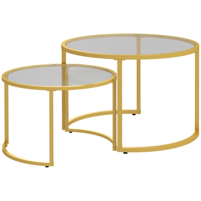 HOMCOM Tables Basses Rondes Verre Trempé Pied Acier Doré
