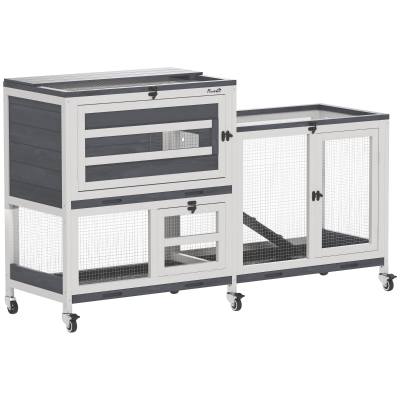PawHut Clapier Bois 2 Étages avec Roulettes Gris 147x45x89,5 cm