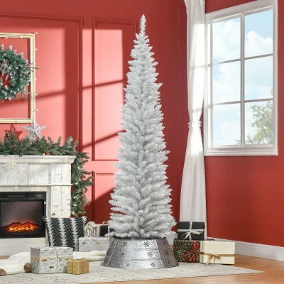 HOMCOM Árbol de Navidad Artificial Estrecho 210 cm con 499 Ramas y Base Desmontable Fácil de Montar Blanco