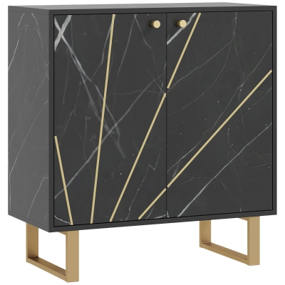 HOMCOM Buffet 2 Portes Ton Marbre Noir Pieds Métal 76x35x77 cm
