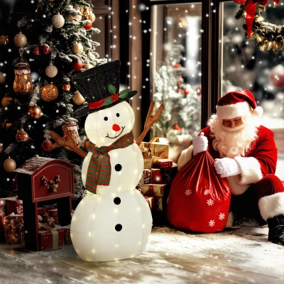 Outsunny Vrolijke sneeuwmandecoratie voor Kerst, buitendecoratie met LED-lichtjes, staal, polyester, wit+zwart