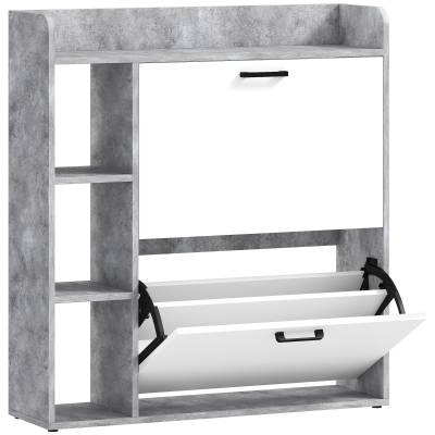 HOMCOM Zapatero Estrecho con 2 Cajones Abatibles y 3 Compartimentos Abiertos, Capacidad para 15 Pares, 83x24x90.5 cm, Gris