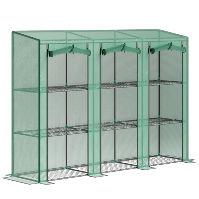Outsunny 3-Tier Outdoor Greenhouse with Zipper Roll-Up Door 9 Shelves PE Cover 215x46x151cm Green